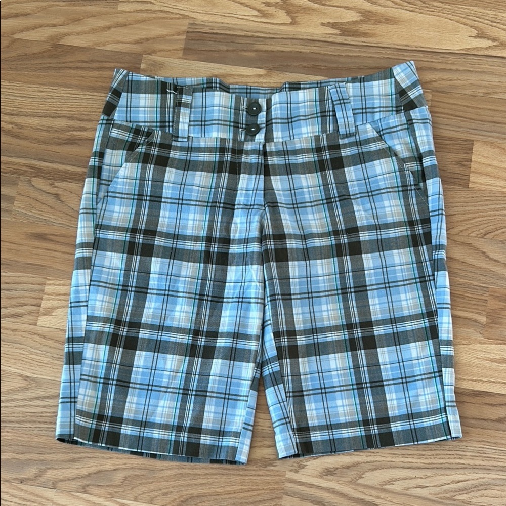 Blue and Black Flat Front Shorts with Classic Style 7/8